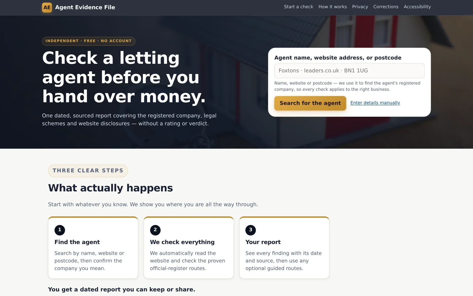 Pagina principală Agent Evidence File, în limba engleză: titlul „Check a letting agent before you hand over money”, cu o casetă de căutare după numele agenției, adresa site-ului sau codul poștal.