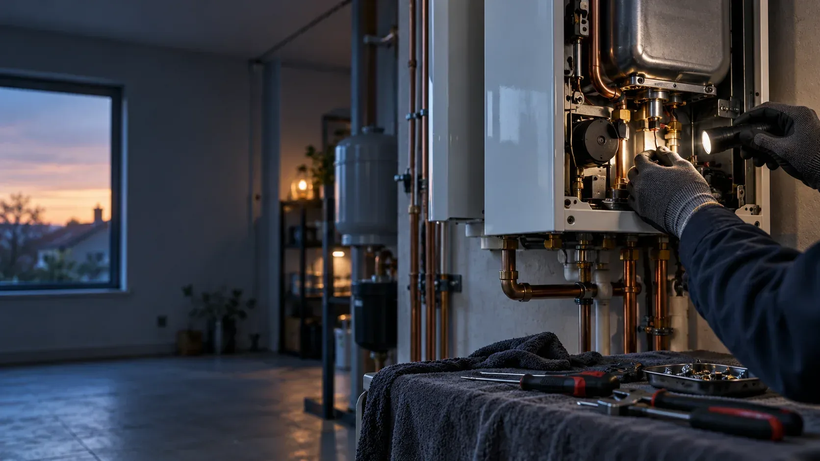 Mâinile înmănușate ale unui tehnician care face service unei centrale termice pe gaz montate pe perete, la lumina lanternei, cu sculele așezate pe o cârpă.