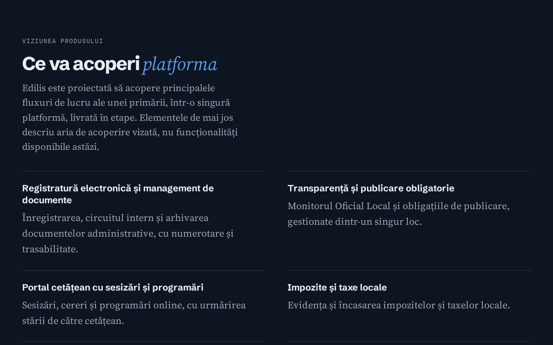 Secțiunea „Ce va acoperi platforma” de pe pagina de prezentare Edilis, nu din aplicație: textul care spune că elementele descriu aria de acoperire vizată, nu funcționalități disponibile astăzi, și primele patru domenii vizate: registratură electronică și management de documente, transparență și publicare obligatorie, portal cetățean cu sesizări și programări, impozite și taxe locale.