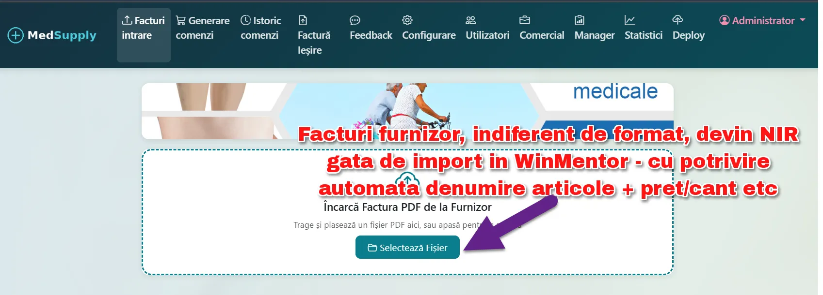 Captură de ecran, date demonstrative: Facturi, indiferent de format, pregătite pentru import în WinMentor