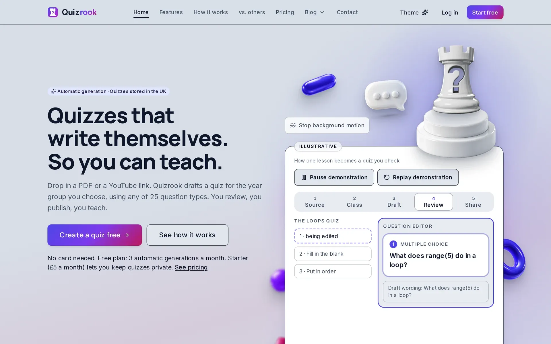 Pagina de prezentare Quizrook, în limba engleză: titlul „Quizzes that write themselves. So you can teach.” lângă o tură de șah și un exemplu de editor de întrebări.