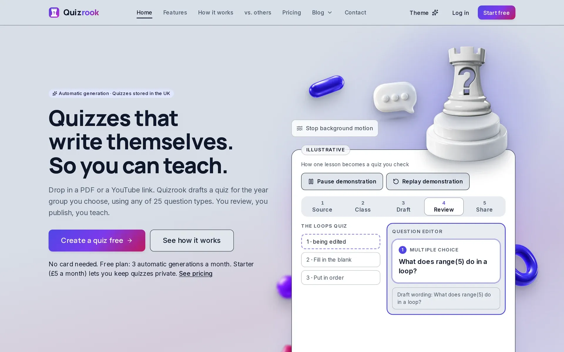Pagina de prezentare Quizrook, în limba engleză: titlul „Quizzes that write themselves. So you can teach.” lângă o tură de șah și un exemplu de editor de întrebări.